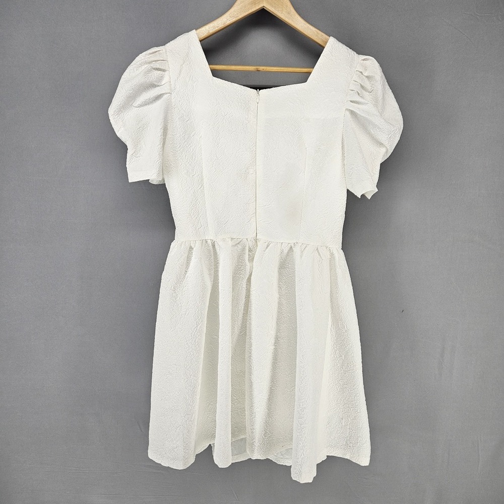 Mini Dress Womens Small White Bow Front Puff Sleeve Jacquard Coquette Wedding - Picture 5 of 8